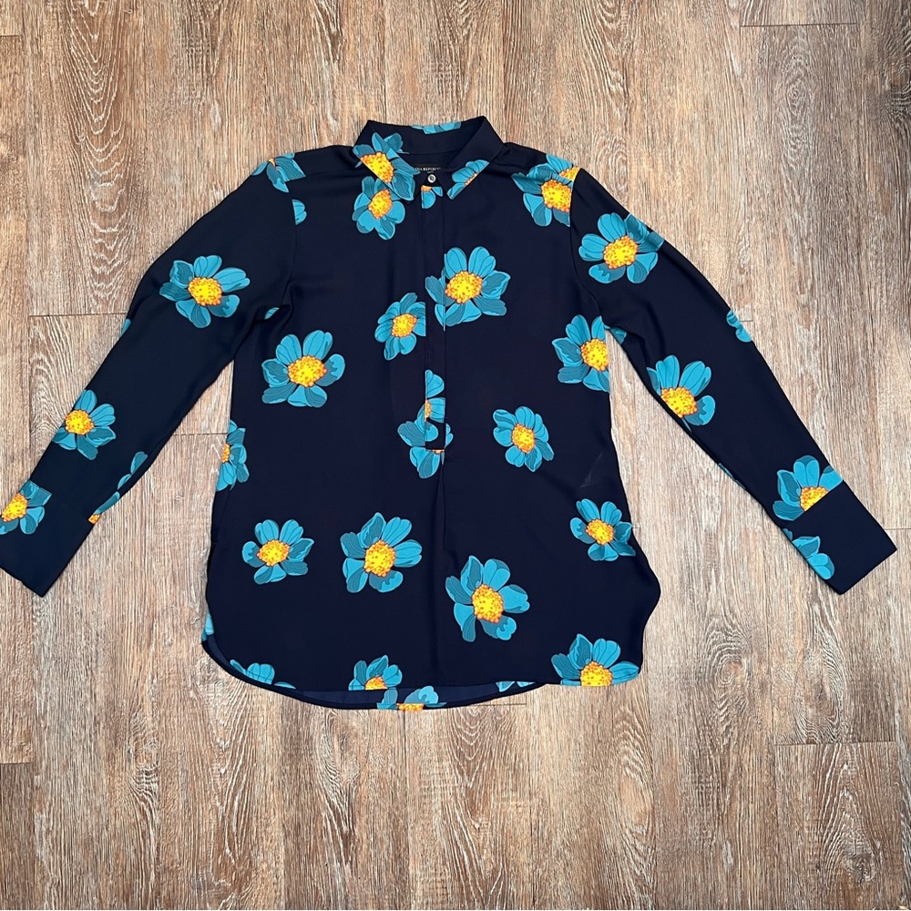 Banana Republic Navy Floral Popover Blouse Long Sleeve Relaxed Fit Size Small